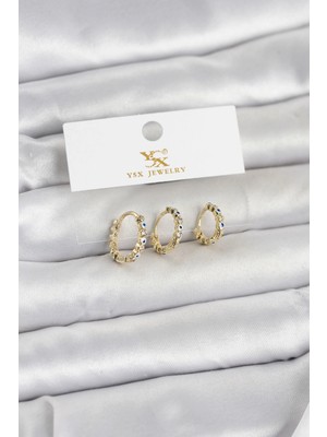 VeraGlobe Buğz Pirinç Gold Renk Nazarlı Model 3'lü Kadın Küpe