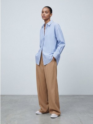 LTB Çizgili Oversize Mavi Gömlek