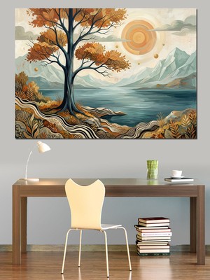 Artmeg Sonbahar Ağacı ve Göl Yansıması Dekoratif Kanvas - Mdf Ahşap Tablo