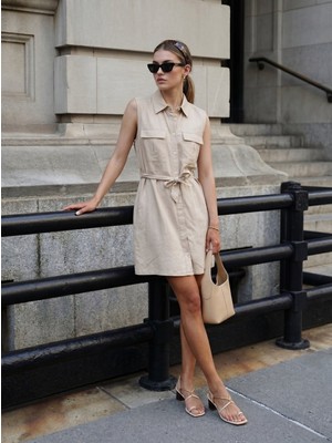 LTB Önü Düğmeli Ipli Bej Elbise