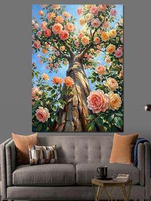 Karizma Tablo Çiçek Açan Büyük Hayat Ağacı Dekoratif Kanvas - Mdf Ahşap Tablo