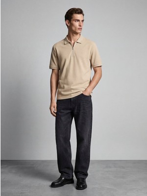LTB Fermuarlı Pike Polo Yaka Bej T-Shırt