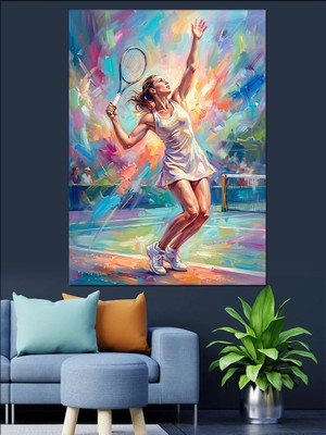 Artmeg Renkli Arka Planda Tenisçi Kadın Dekoratif Kanvas - Mdf Ahşap Tablo