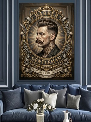 Artmeg Klasik Berber ve Beyefendi Logosu Dekoratif Kanvas - Mdf Ahşap Tablo