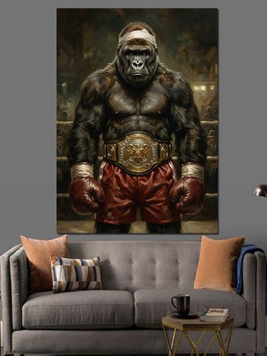 Karizma Tablo Boks Eldivenli Güçlü Goril Figürü Dekoratif Kanvas - Mdf Ahşap Tablo