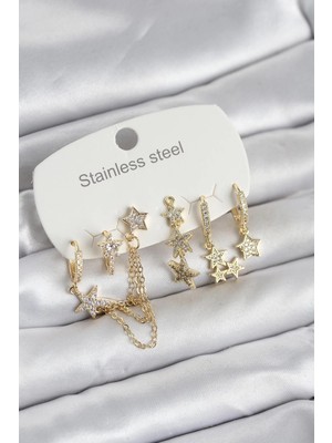 VeraGlobe Buğz 316L Çelik Gold Renk 6'lı Set Zincirli Yıldız Modelli Kadın Küpe