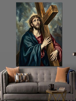 Karizma Tablo Çarmıhı Taşıyan Hz. Isa Portresi Dekoratif Kanvas - Mdf Ahşap Tablo