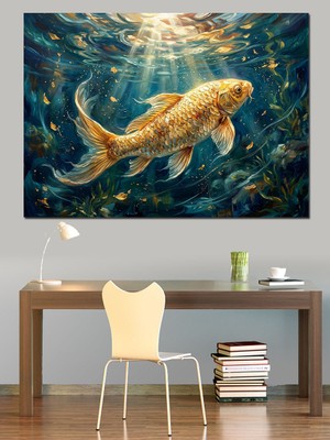 Karizma Tablo Sualtında Parlayan Altın Rengi Balık Dekoratif Kanvas - Mdf Ahşap Tablo