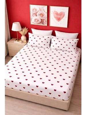 More Home Çift  Kişilik Lastikli Çarşaf  Seti + Yastık Kılıfı  Kalp Desenli Beyaz Kırmızı