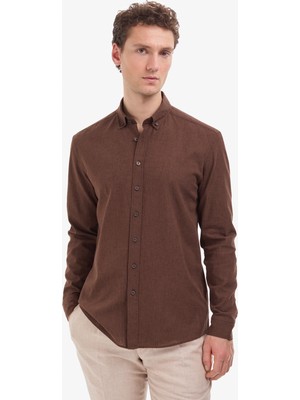 Pierre Cardin Erkek Koyu Kahverengi Keten Karışımlı Regular Fit Uzun Kollu Gömlek 50325356-VR084