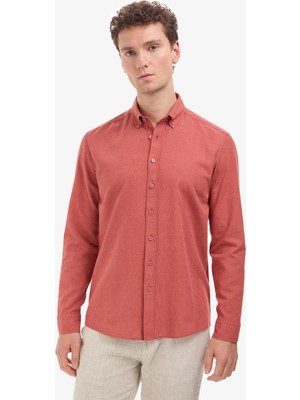 Pierre Cardin Erkek Kiremit Keten Karışımlı Regular Fit Uzun Kollu Gömlek 50325356-VR031