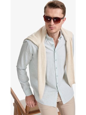 Pierre Cardin Erkek Su Yeşili Keten Karışımlı Regular Fit Uzun Kollu Gömlek 50325356-VR048
