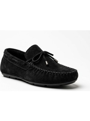 Growish GR0494 Hakiki Süet Deri Küçük Büyük Numara Fiyonklu Esnek Günlük Siyah Renk Loafer Babet Ayakkabı