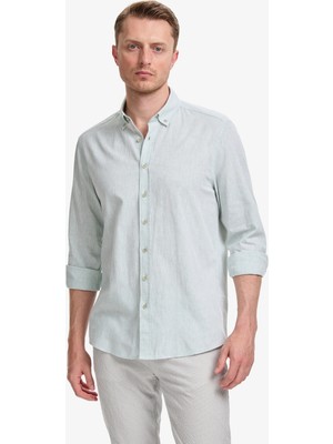 Pierre Cardin Erkek Su Yeşili Keten Karışımlı Regular Fit Uzun Kollu Gömlek 50320941-VR048