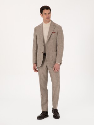 Cacharel Erkek Bej Slim Fit Yün Kaşmir Karışımlı Mikro Desenli Pantolon 50313265-VR011