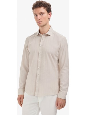Pierre Cardin Erkek Bej Keten Karışımlı Regular Fit Çizgili Kısa Kollu Gömlek 50325330-VR011