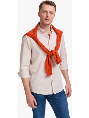 Pierre Cardin Erkek Bej Keten Karışımlı Regular Fit Uzun Kollu Gömlek 50325356-VR011