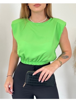 Moda Morfo Omuzları Vatkalı Beli Lastikli  Bluz -A.Yeşil
