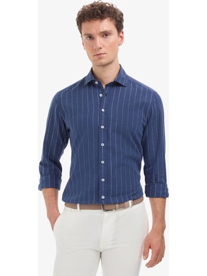 Pierre Cardin Erkek Lacivert  Keten Karışımlı Regular Fit Çizgili Uzun Kollu Gömlek 50325330-VR033