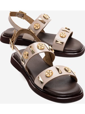 Luvi Lıbera Bej Hakiki Deri Tokalı Kadın Sandalet