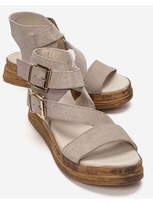 Luvi Lorentıs Bej Süet Hakiki Deri Çift Tokalı Kadın Sandalet