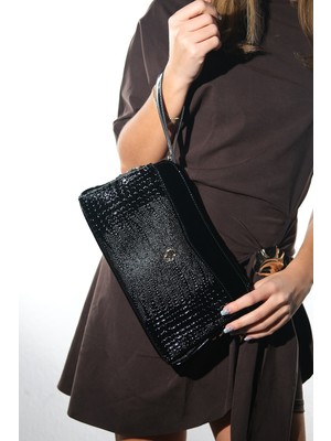 Luvi 1802 Siyah Baskı Rugan Kadın Çapraz Çanta