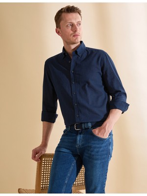 Pierre Cardin Erkek Lacivert Keten Karışımlı Regular Fit Uzun Kollu Gömlek 50325356-VR033
