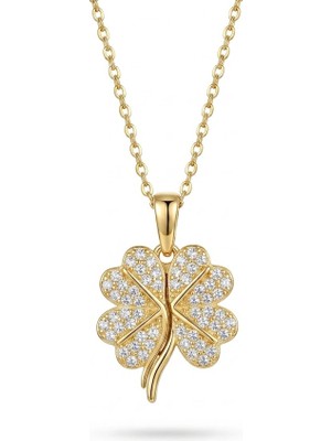Serelya 316L Çelik Gold Renk Açılabilir Yonca (4 Yaprak) Zirkon Taşlı Kadın Kolye