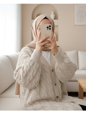 Moda Morfo Saç Örgülü Düğmeli Triko Hırka -Taş