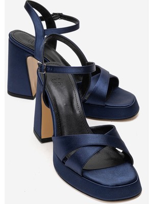 Luvi Lello Lacivert Saten Kadın Platform Topuklu Ayakkabı