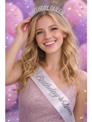 Bkmc Metal Birthday Queen Taç & Kuşak Seti – Gold Gümüş Doğum Günü Aksesuarı (2’li Set)