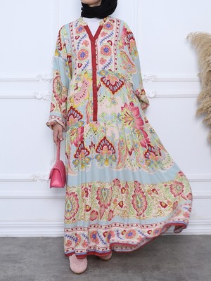 Moda Morfo Parça Kumaş Sulu Desen Patlı Elbise -Pembe