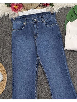 Moda Morfo Yüksek Bel Ispanyol Paça Düğmeli Kot Pantolon -Koyu Mavi