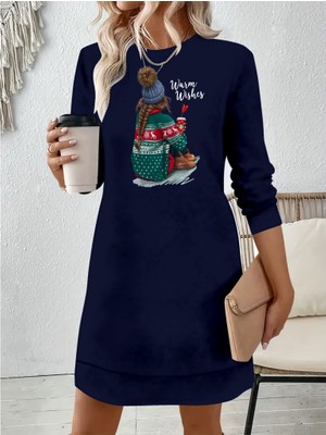 Livizmir Moda Kadın Uzun Kollu Bisiklet Yaka Desenli Viskon Iki Iplik Elbise