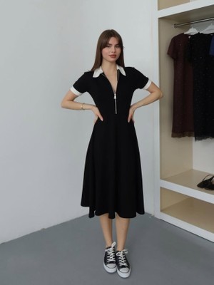 Livizmir Moda Kadın Polo Yaka Fermuar Detaylı Modal Midi Elbise