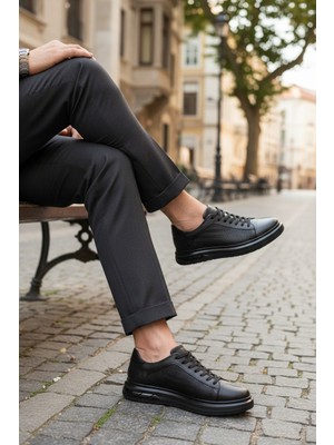 Enoch Erkek Siyah Deri ve Triko Kombinli Hafif Tabanlı Klasik Sneaker Comfort Ayakkabı