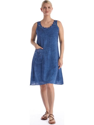 Newbutix Kolsuz Indigo Papatya Nakışlı Cepli Kısa Poplin Elbise