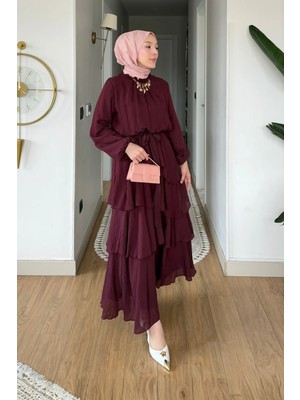 Tesettür Diyarı Carmiel Tül Modal Kumaş Astarlı Tesettür Elbise- Mürdüm