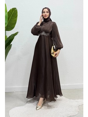 Tesettür Diyarı Mosera Janjan Kumaş Beli Taşlı Tesettür Abiye- Acı Kahve