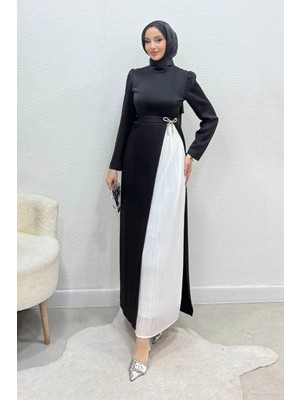 Tesettür Diyarı Henna Fiyonk Detaylı Krep Saten Tesettür Abiye- Siyah