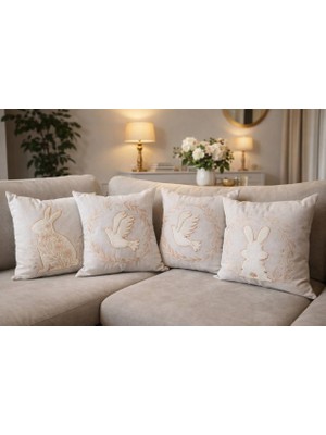 Diva Home Nakışlı Doğal Desenli Dekoratif Kırlent Kılıfı 4’lü Set (2 Kuş & 2 Tavşan) 45X45 cm