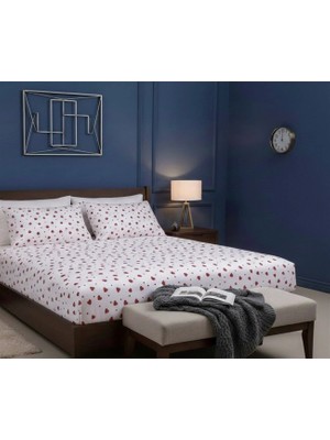 More Home Tek Kişilik Lastikli Çarşaf  Seti + Yastık Kılıf Kalp Desenli Beyaz Kırmızı