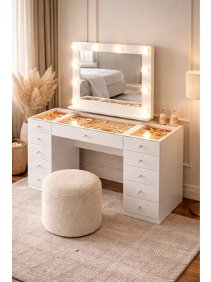 Setay Aynalı Makyaj Masası, Velvet Cam Üst Bölmeli Takı Düzenleyicili Şifonyer
