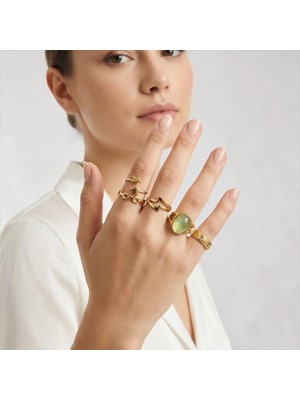 Mimoza Accessories Altın Renk Karışık Model Yüzük Seti | Minimal Taşlı & Zincir Detaylı Çoklu Yüzük