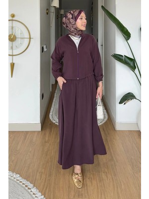Tesettür Diyarı Mary Tansel Kumaş Fermuarlı Ceket-Etek Tesettür Takım- Mürdüm