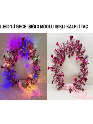 Fun And Market Buğz Kalp Püsküllü Gece Parıltısı 3 Modlu LED39LI Işıklı Taç Fuşya Renk