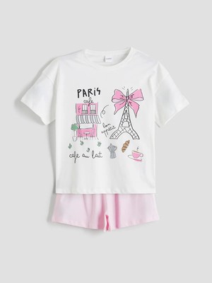 Lc Waikiki Yeni Sezon Bisiklet Yaka Paris Baskılı Kız Çocuk Şortlu Pijama Takımı