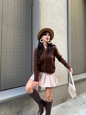 Koçer Düz Cam Düymeli Hırka Kahve