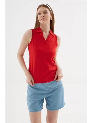 Fashion Friends Polo V Yaka Kırmızı Kadın Kolsuz T-Shirt 26Y0516K1