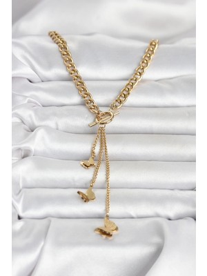 Senka Mey Ithalat® 316L Çelik Gold Renk Kelebek Sallantılı Kadın Kolye